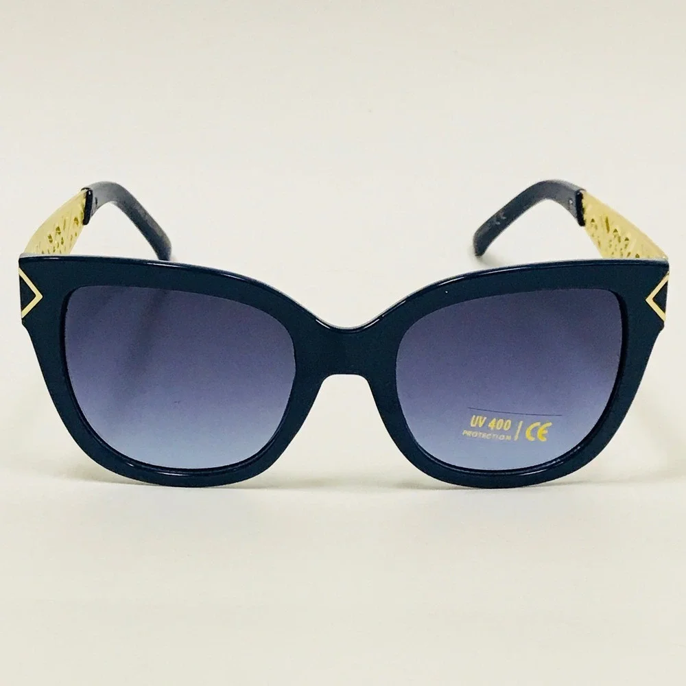 Sunglasses Women Cat Eye Black Frame Gold‎ Metal Luxury Fashion Stylish Gafas
